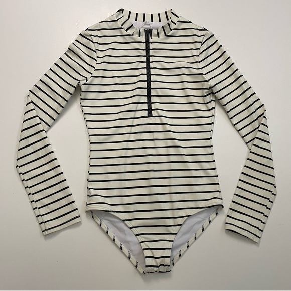 Billabong Rash Guard Swimsuit Long Sleeve Lined Zipper Striped Black Cream - Picture 1 of 12